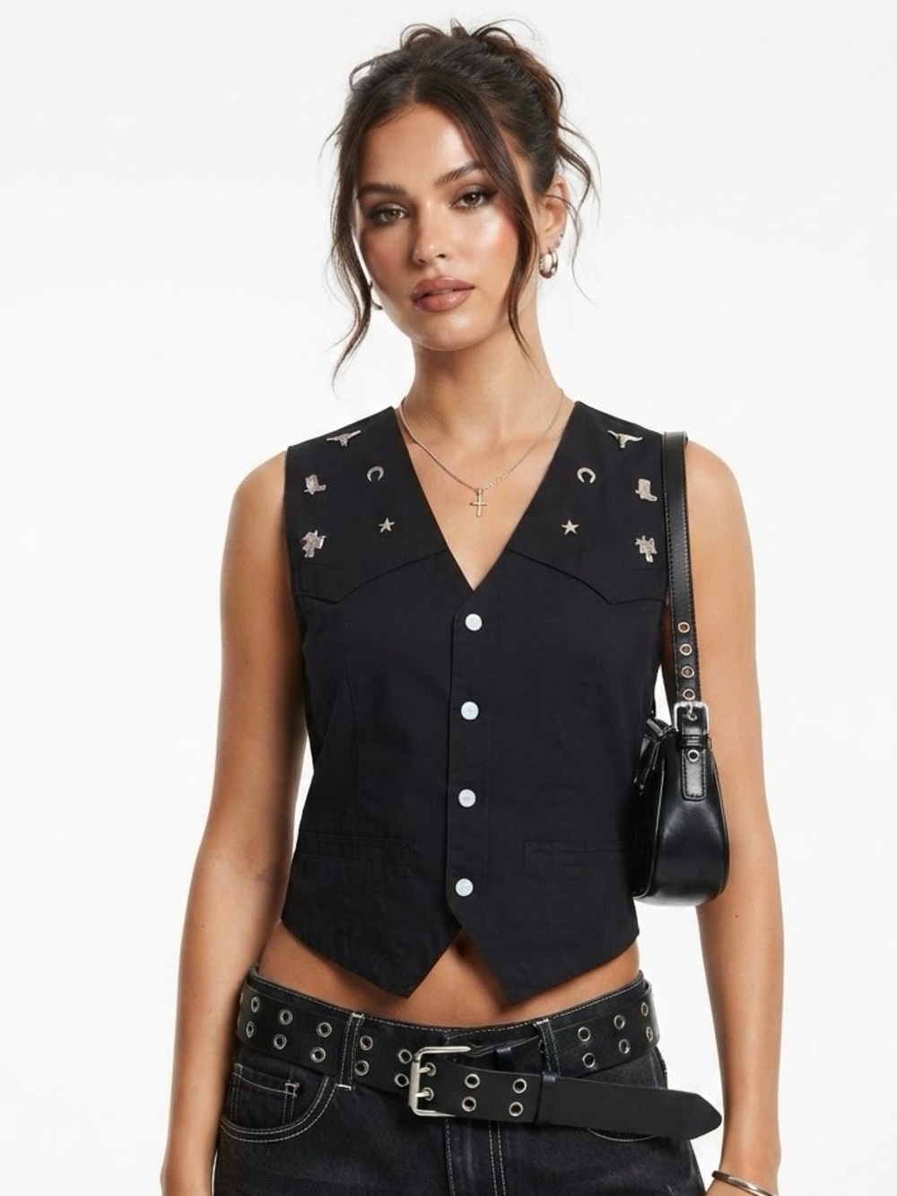 Vintage 90s Black Western Vest with Silver Details Size 8